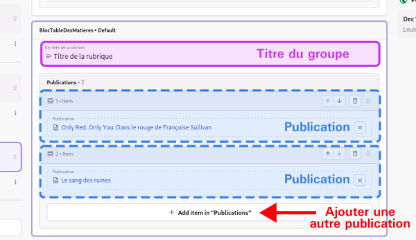 Capture d’écran annotée d’un bloc « Table des matières »