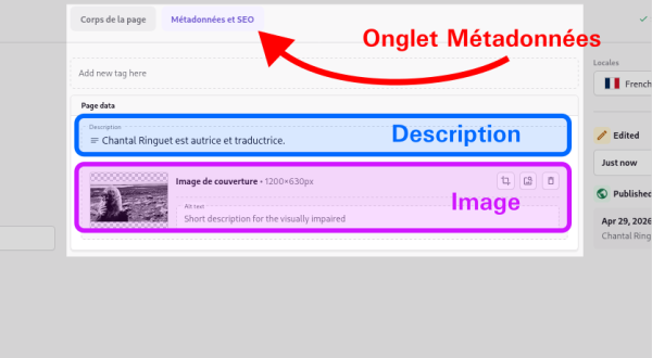 Capture d’écran annotée de l’onglet « Métadonnées et SEO » pour une page dans Prismic Capture d’écran annotée de l’onglet « Métadonnées et SEO » pour une page dans Prismic