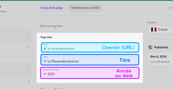Capture d’écran annotée du panneau d’édition pour une page de type « Projet »