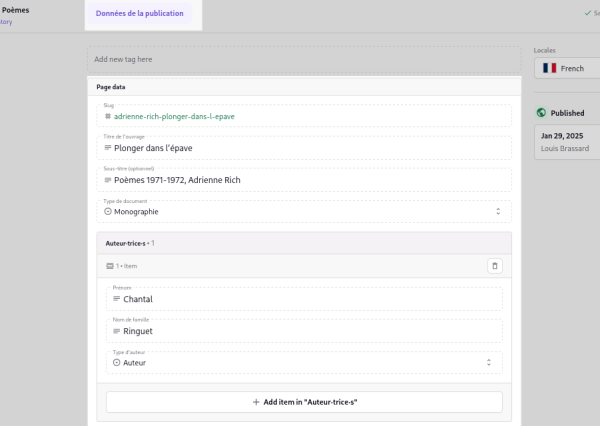 Capture d’écran annotée du panneau d’édition Prismic pour une page « Publication »