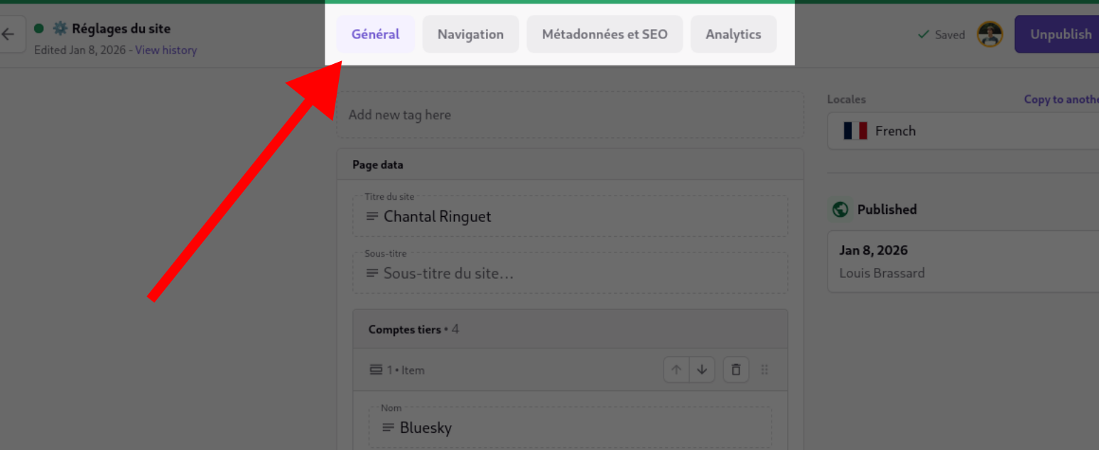 Capture d’écran annotée : onglets dans le document «Réglages du site» Capture d’écran annotée : onglets dans le document «Réglages du site»