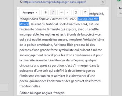 Capture d'écran annotée du panneau d’édition Prismic pour le champ « Résumé ». Mettre du texte en surbrillance permet de faire apparaître une barre de formattage flottante.