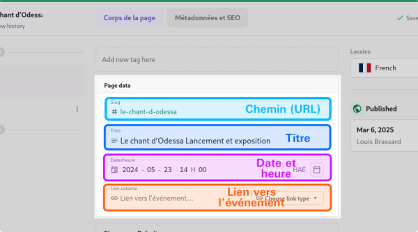 Capture d’écran annotée du panneau d’édition pour une page de type « Événement »