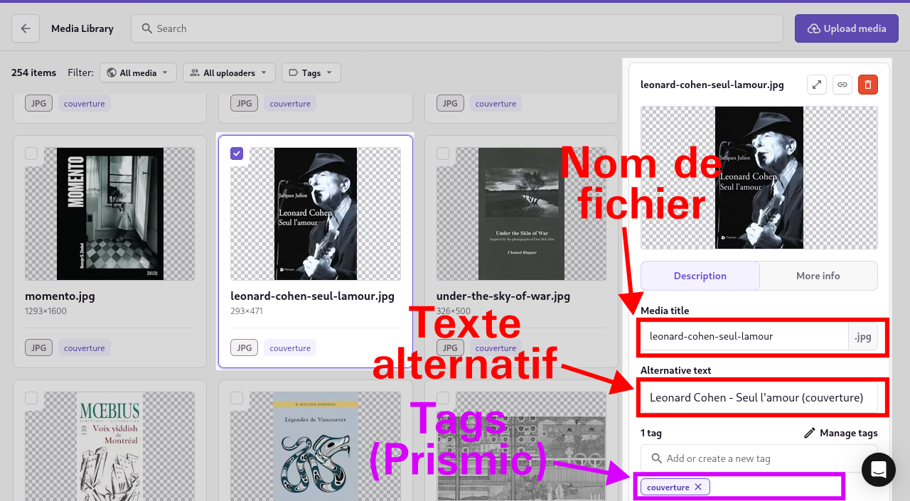 Capture d’écran annotée de la médiathèque